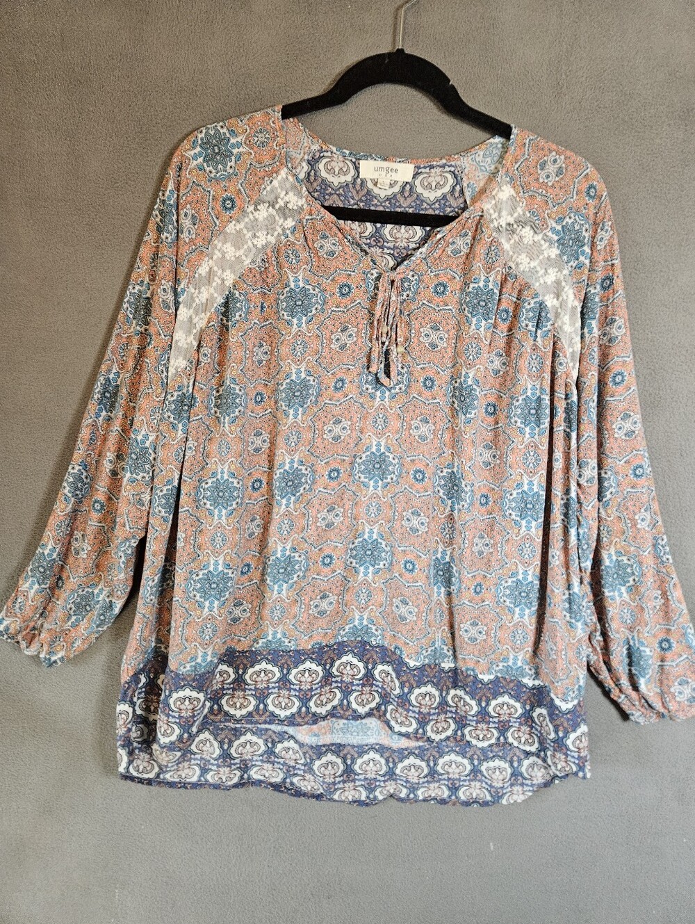 Umgee Women Large Shirt Paisley Boho Vneck Ties Long Sleeve Multicolor Cottage